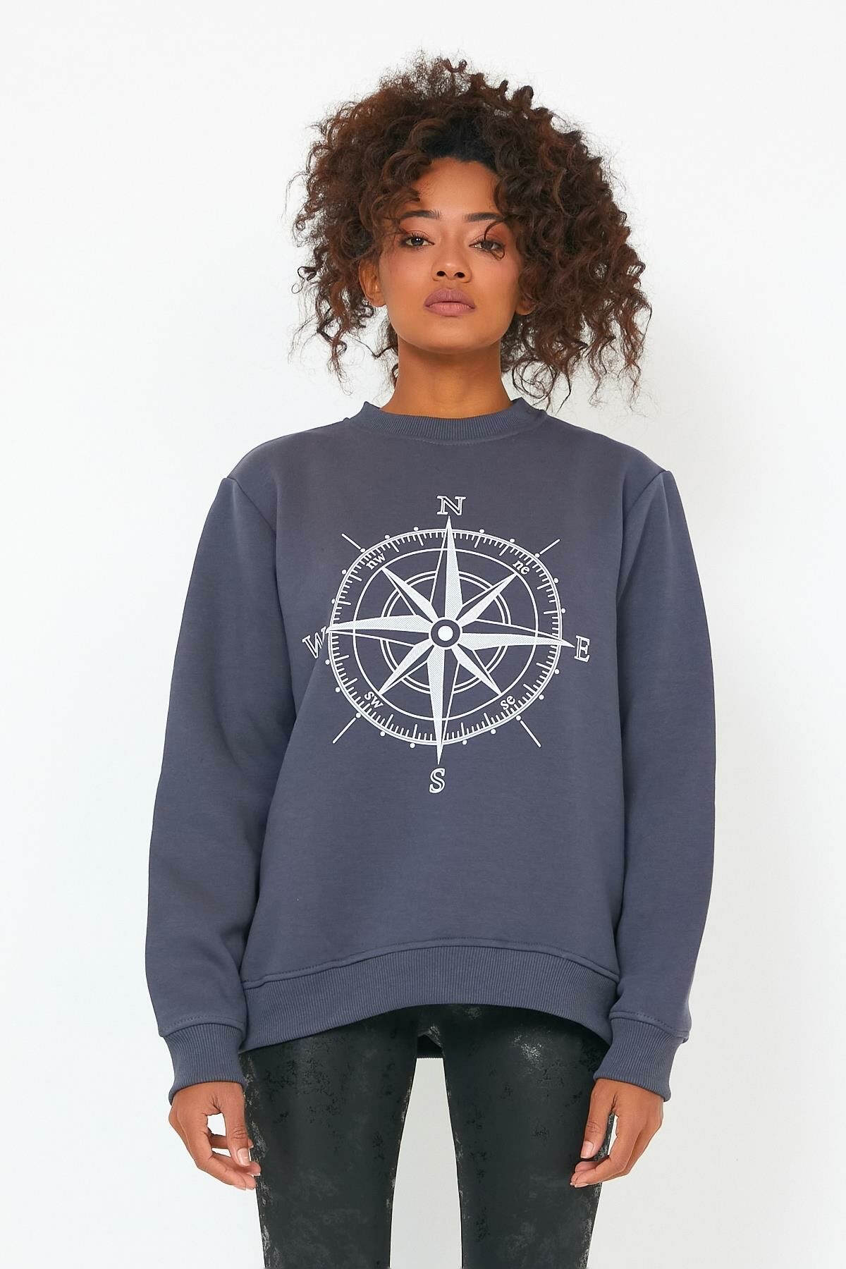 North Trace Seasonal Kadın Sweatshirt ( Pusula Baskılı ) Füme - S