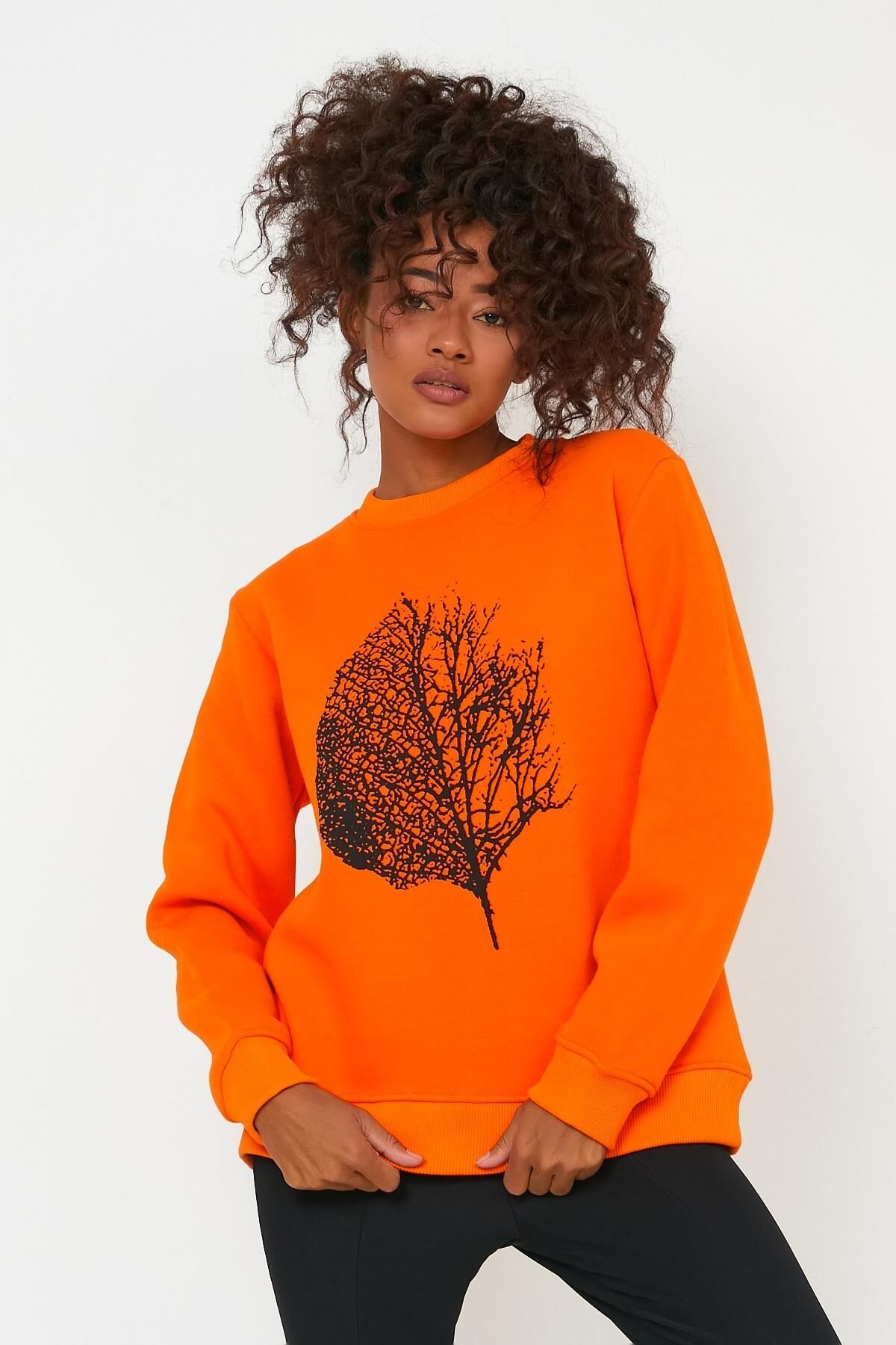 North Trace Seasonal Kadın Sweatshirt ( Yaprak Baskılı ) TURUNCU - 2XL