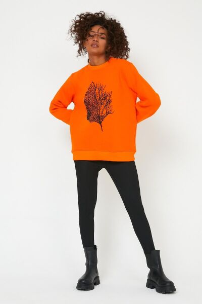 North Trace Seasonal Kadın Sweatshirt ( Yaprak Baskılı ) TURUNCU - 2XL