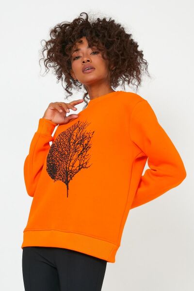 North Trace Seasonal Kadın Sweatshirt ( Yaprak Baskılı ) TURUNCU - XL