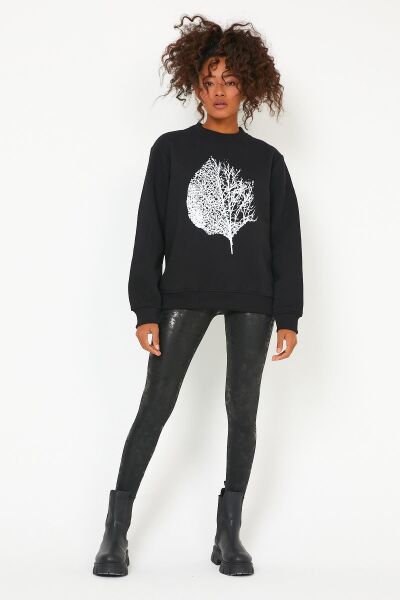 North Trace Seasonal Kadın Sweatshirt ( Yaprak Baskılı ) SİYAH - L