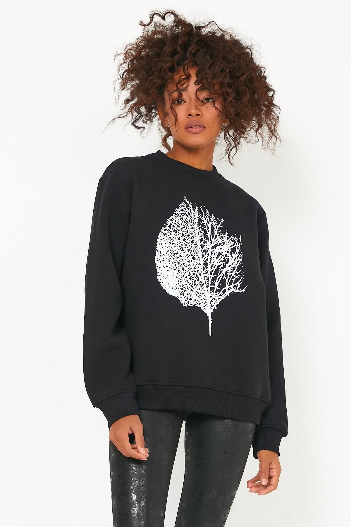 North Trace Seasonal Kadın Sweatshirt ( Yaprak Baskılı ) SİYAH - S