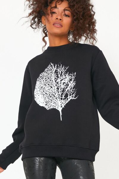 North Trace Seasonal Kadın Sweatshirt ( Yaprak Baskılı ) SİYAH - S
