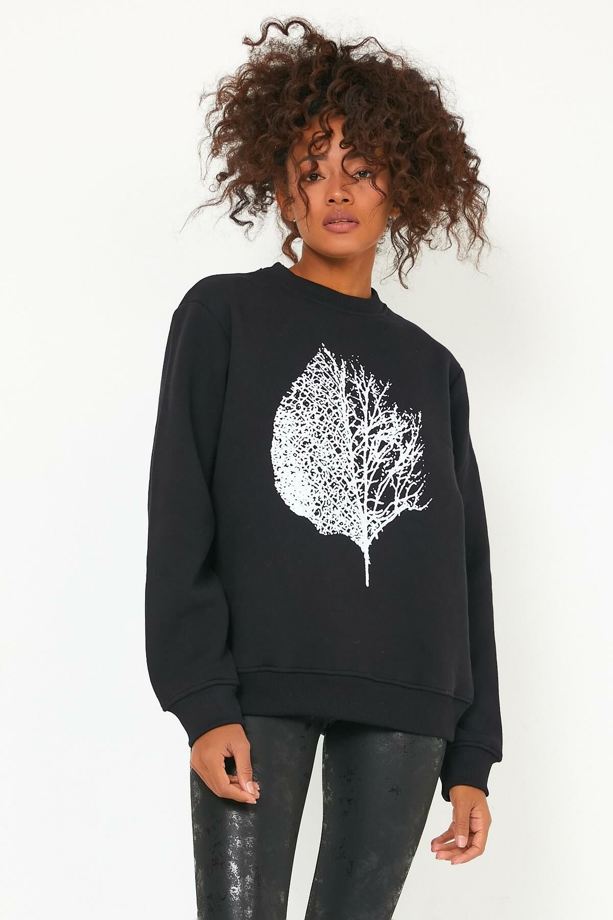 North Trace Seasonal Kadın Sweatshirt ( Yaprak Baskılı ) SİYAH - M