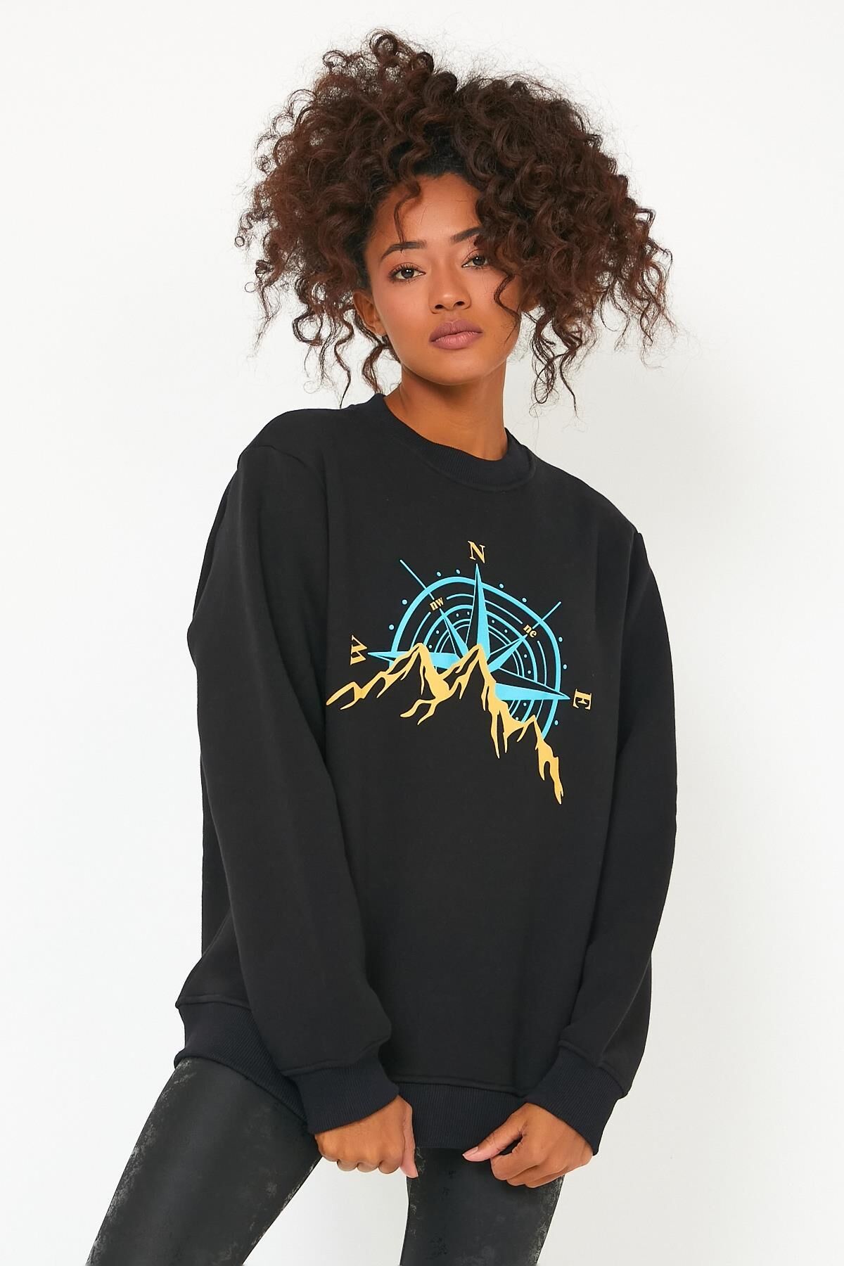 North Trace Seasonal Kadın Sweatshirt ( New Pusula Baskılı ) SİYAH - 2XL