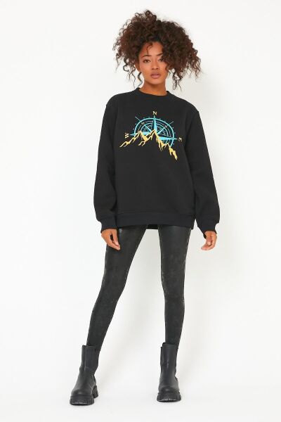 North Trace Seasonal Kadın Sweatshirt ( New Pusula Baskılı ) SİYAH - S