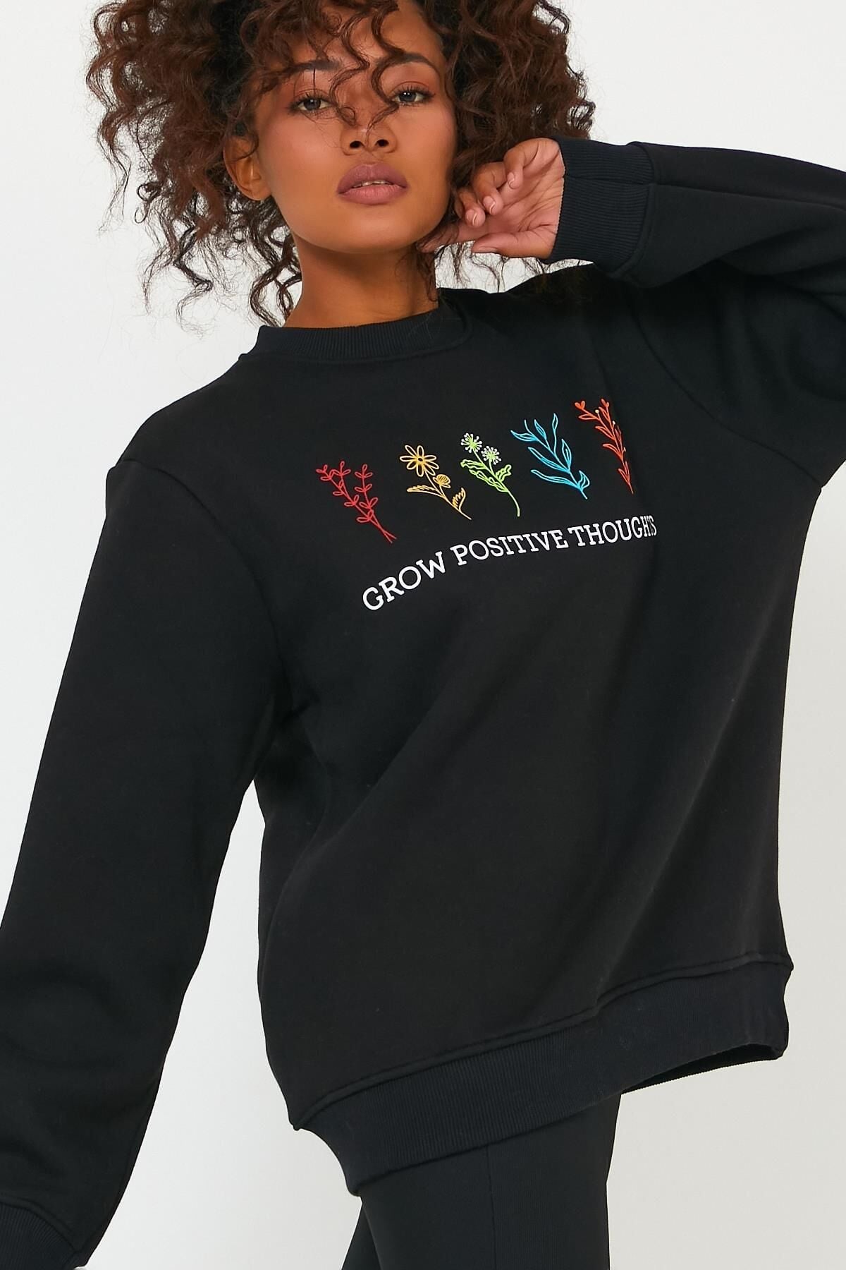 North Trace Seasonal Kadın Sweatshirt ( Çiçek Baskılı ) SİYAH - XL