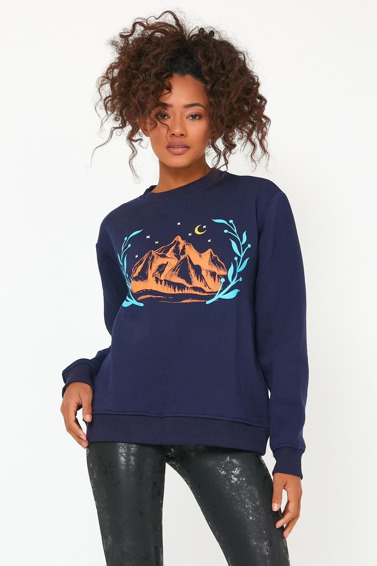 North Trace Seasonal Kadın Sweatshirt ( Dağ Baskılı ) LACİVERT - XL