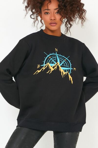North Trace Seasonal Kadın Sweatshirt ( Dağ Baskılı ) LACİVERT - XL