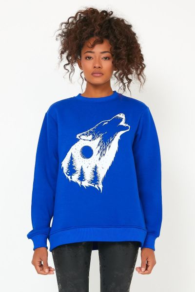 North Trace Seasonal Kadın Sweatshirt ( Kurt Baskılı ) Koyu Mavi - 2XL
