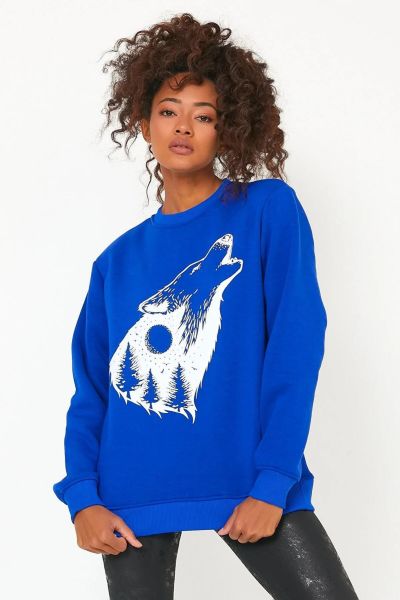 North Trace Seasonal Kadın Sweatshirt ( Kurt Baskılı ) Koyu Mavi - 2XL