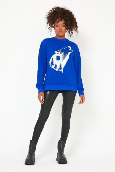North Trace Seasonal Kadın Sweatshirt ( Kurt Baskılı ) Koyu Mavi - 2XL