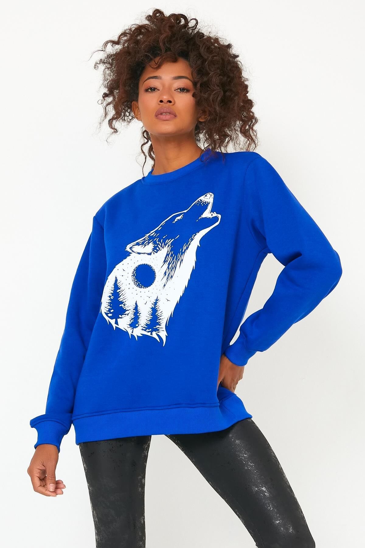 North Trace Seasonal Kadın Sweatshirt ( Kurt Baskılı ) Koyu Mavi - M