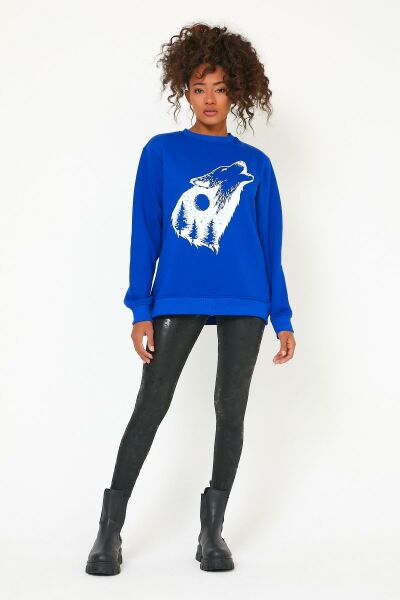 North Trace Seasonal Kadın Sweatshirt ( Kurt Baskılı ) Koyu Mavi - S