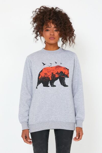 North Trace Seasonal Kadın Sweatshirt ( Ayı Baskılı ) GRİ - S