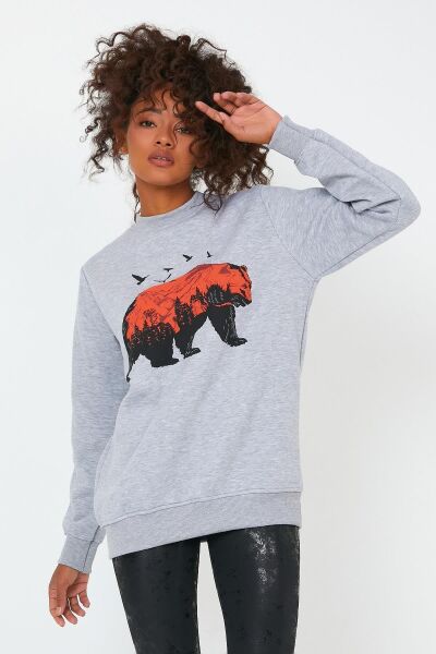 North Trace Seasonal Kadın Sweatshirt ( Ayı Baskılı ) GRİ - S