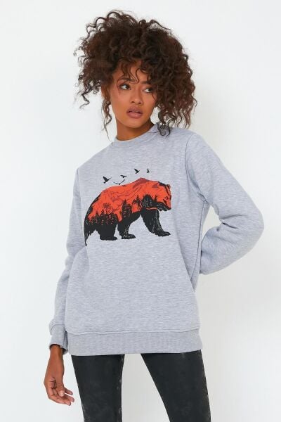 North Trace Seasonal Kadın Sweatshirt ( Ayı Baskılı ) GRİ - XL