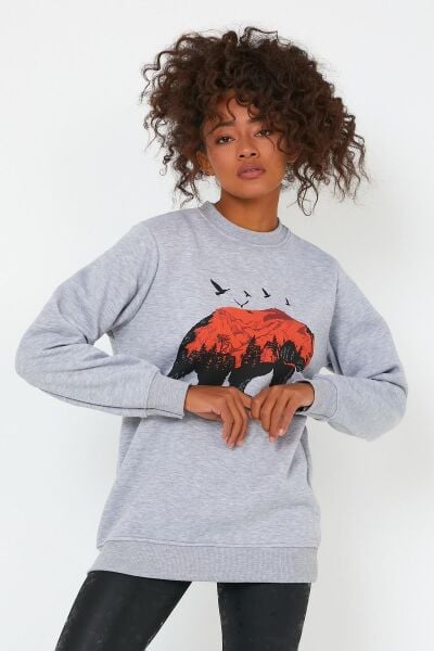 North Trace Seasonal Kadın Sweatshirt ( Ayı Baskılı ) GRİ - XL