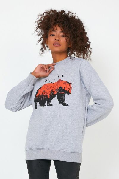 North Trace Seasonal Kadın Sweatshirt ( Ayı Baskılı ) GRİ - XL