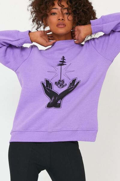 North Trace Seasonal Kadın Sweatshirt ( El-Ağaç Baskılı ) LİLA - 2XL