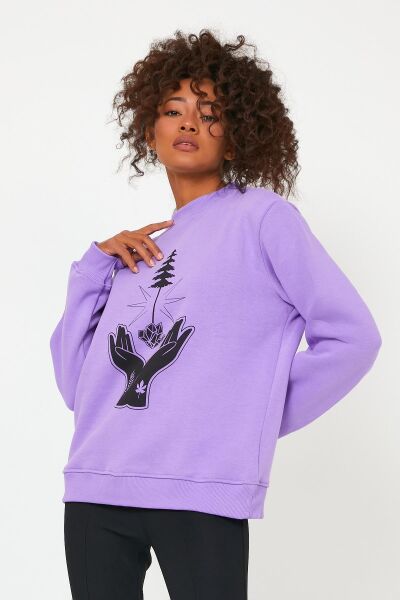 North Trace Seasonal Kadın Sweatshirt ( El-Ağaç Baskılı ) LİLA - 2XL