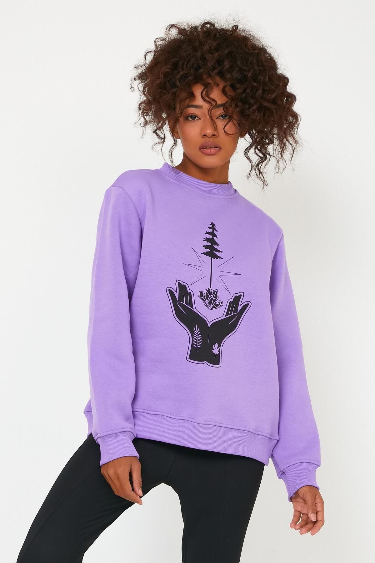 North Trace Seasonal Kadın Sweatshirt ( El-Ağaç Baskılı ) LİLA - S