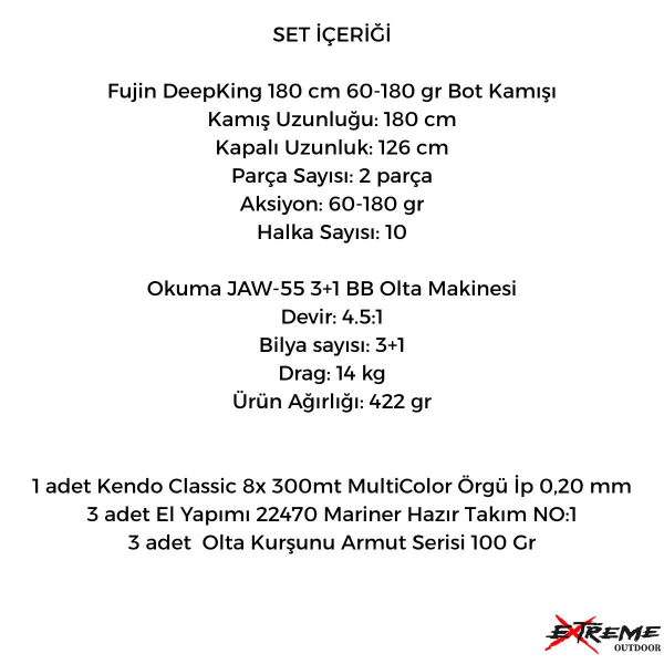 Fujin DeepKing 180 cm 60-180 gr Tekne Kamışı Okuma JAW-55 Makine Set