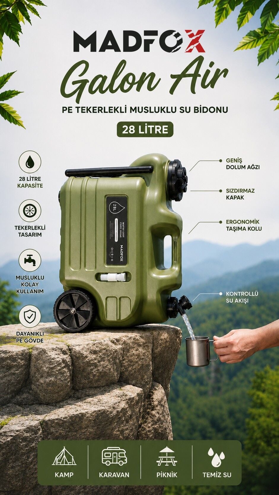Madfox Galon Air PE Tekerlekli Musluklu Su Bidonu 28 Litre GREEN