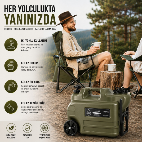 Madfox Galon Air PE Tekerlekli Musluklu Su Bidonu 28 Litre GREEN