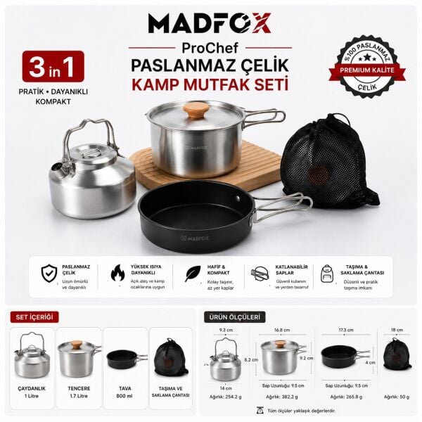 Madfox ProChef 3IN1 Paslanmaz Çelik Kamp Mutfak Seti