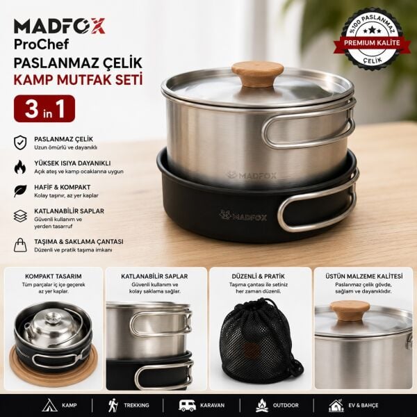 Madfox ProChef 3IN1 Paslanmaz Çelik Kamp Mutfak Seti