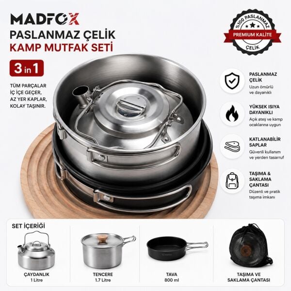 Madfox ProChef 3IN1 Paslanmaz Çelik Kamp Mutfak Seti