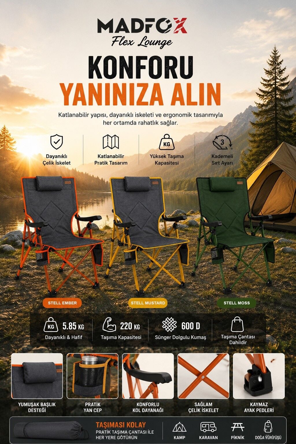 Madfox FlexLounge 3X Katlanabilir Kamp Sandalyesi