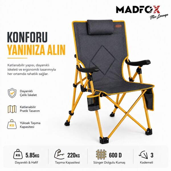 Madfox FlexLounge 3X Katlanabilir Kamp Sandalyesi Steel Mustard