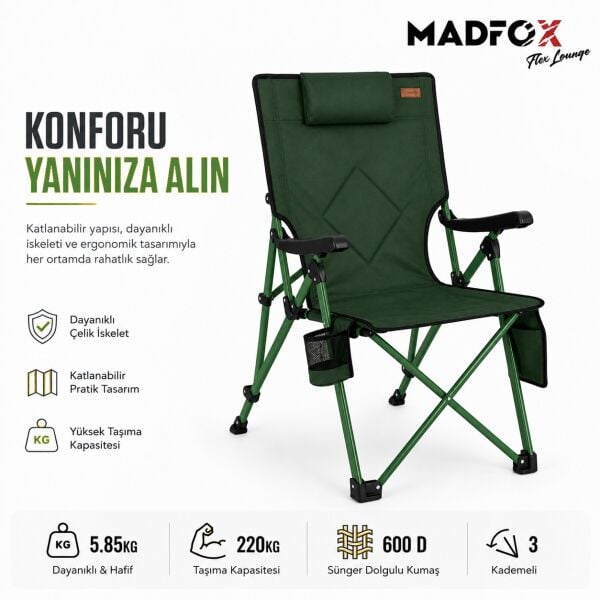 Madfox FlexLounge 3X Katlanabilir Kamp Sandalyesi Steel Moss