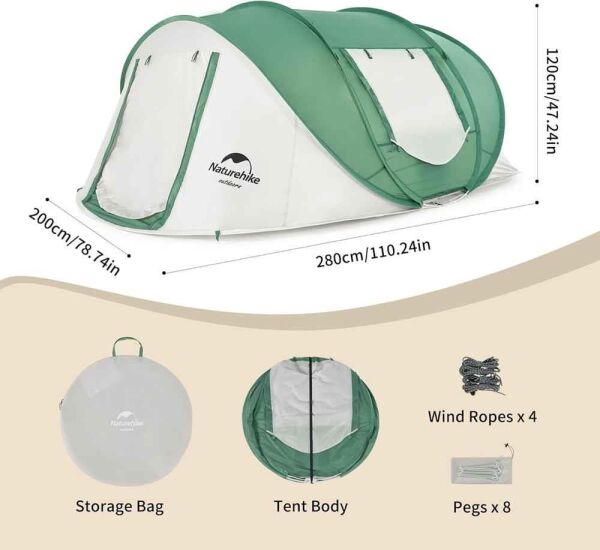 Naturehike 3-4 Kişilik Pop-Up Otomatik Kurulum Kamp Çadırı GREEN