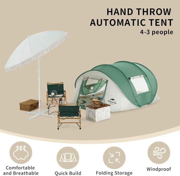 Naturehike 3-4 Kişilik Pop-Up Otomatik Kurulum Kamp Çadırı GREEN