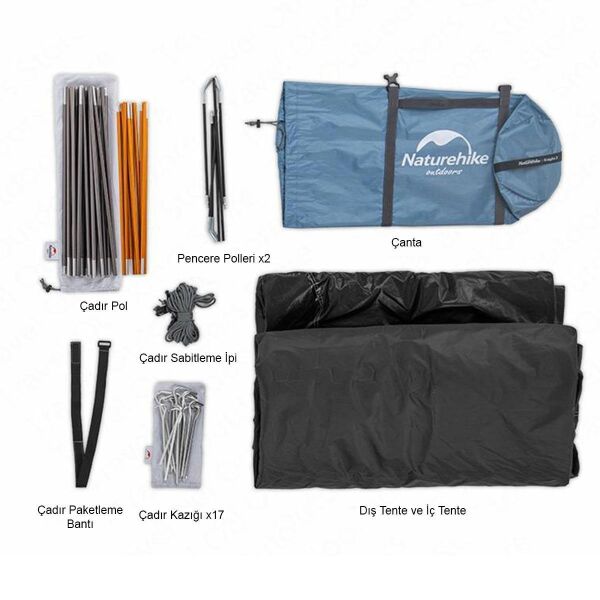 Naturehike Knight-3 +UPF50 3 Kişilik Kamp Çadırı Gri/Mavi