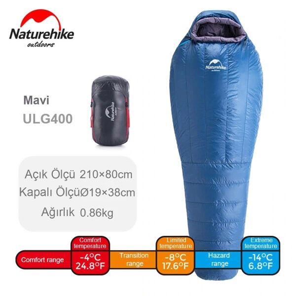 Naturehike ULG-400G Mumya Kaz Tüyü Uyku Tulumu -14°C MAVİ