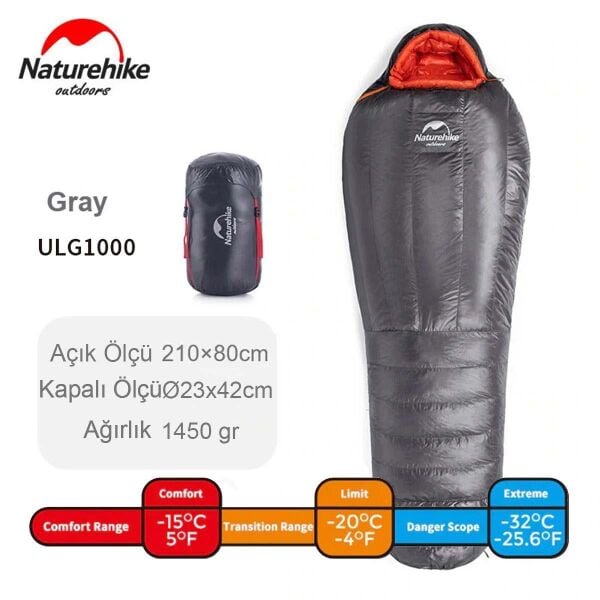Naturehike ULG-1000G Mumya Kaz Tüyü Uyku Tulumu -32°C GRİ