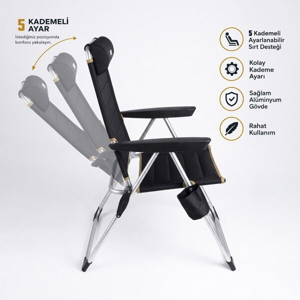 Madfox Flexi-Recline 5 Kademeli Katlanır Kamp Sandalyesi BLACK