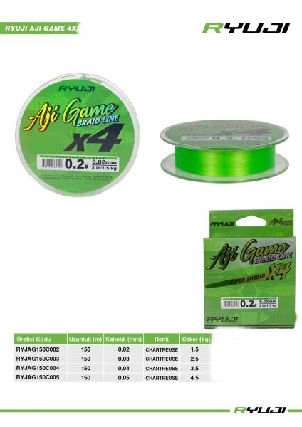 Ryuji Aji Game x4 Süper Smooth İp Misina CHARTREUSE - 150 MT - 0,03 MM