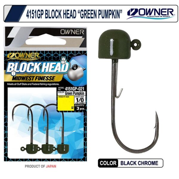 Owner 4151GP Block Head JigHead Green Pumpkin - NO:1/0 - 3/16 OZ