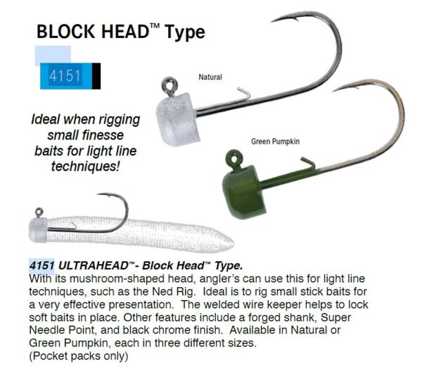 Owner 4151GP Block Head JigHead Green Pumpkin - NO:1/0 - 3/16 OZ