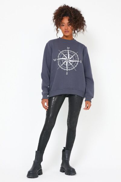 North Trace Seasonal Kadın Sweatshirt ( Pusula Baskılı ) SİYAH - 2XL