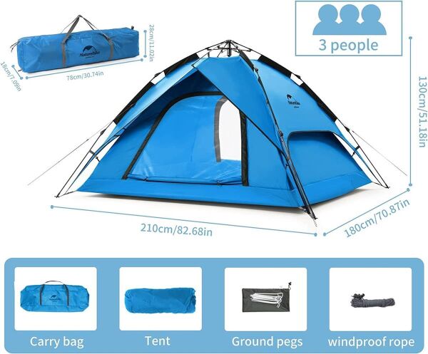 Naturehike 3 Kişilik Otomatik Kamp Çadırı MAVİ