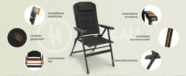 Katlanır Yüksek Sırtlı Ayarlanabilir Sırtlık ve Kolçaklar Kamp Sandalyesi Siyah