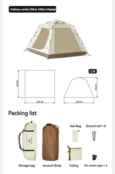 Naturehike Ango Picnic Otomatik Kurulum 3 Kişilik Çadır Standart