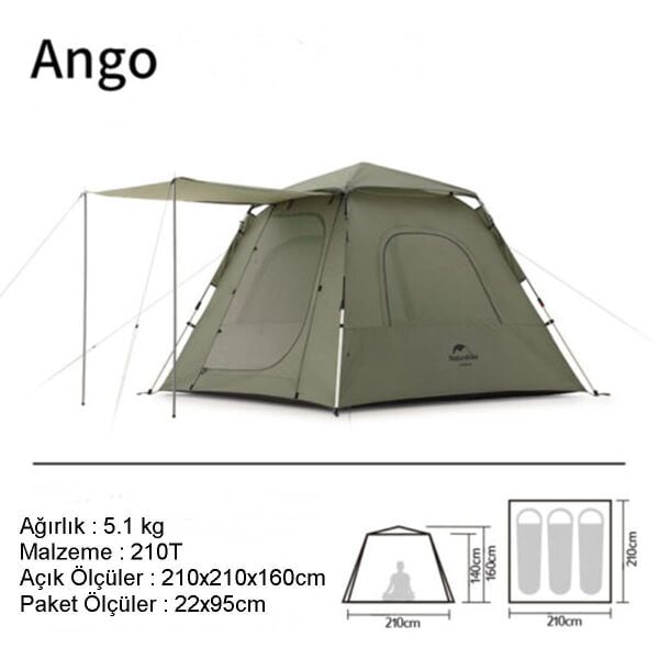 Naturehike Ango Pop Up (UPF 50+) Otomatik 3 Kişilik Aile Çadırı HAKİ