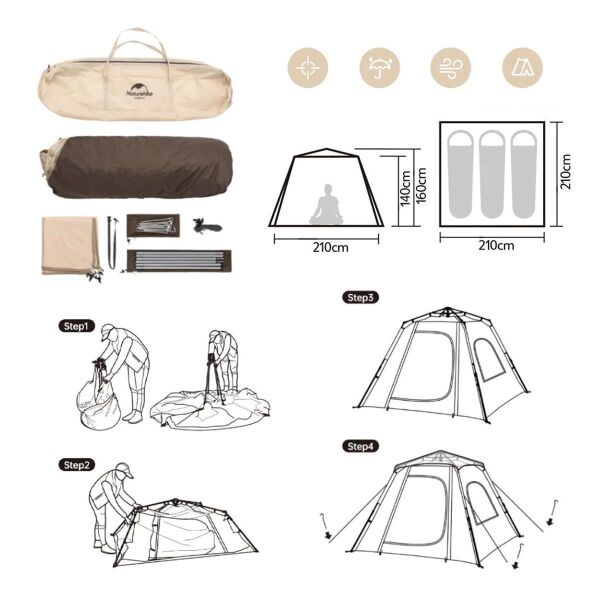 Naturehike Ango Pop Up (UPF 50+) Otomatik 3 Kişilik Aile Çadırı HAKİ